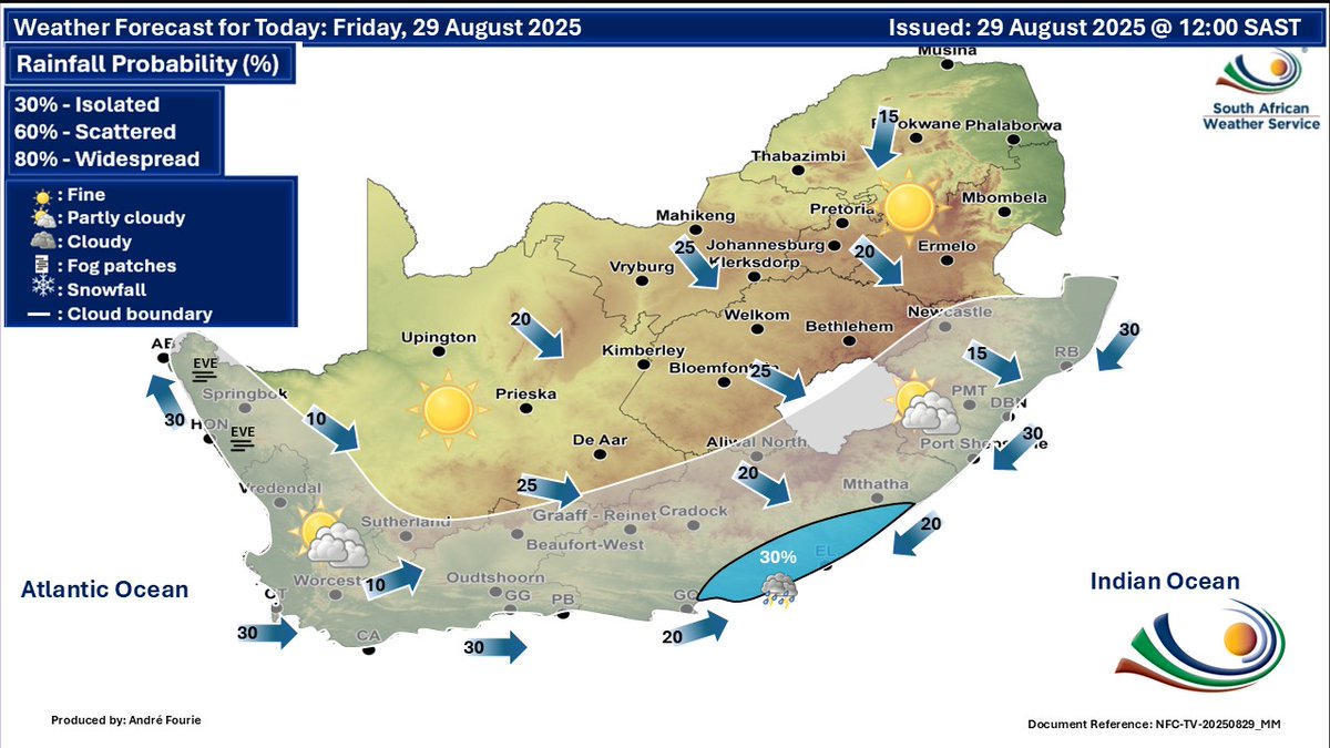 SCP_SECURITY's tweet image. 🌤️ Weather Forecast – 29 &amp;amp; 30 August 2025 🌤️

Fine and cool to warm conditions are expected, but it will be hot in the north-eastern parts. Later, skies will become partly cloudy with isolated showers and rain in places.

#SAWS #SAWEATHER #WEATHEROUTLOOK