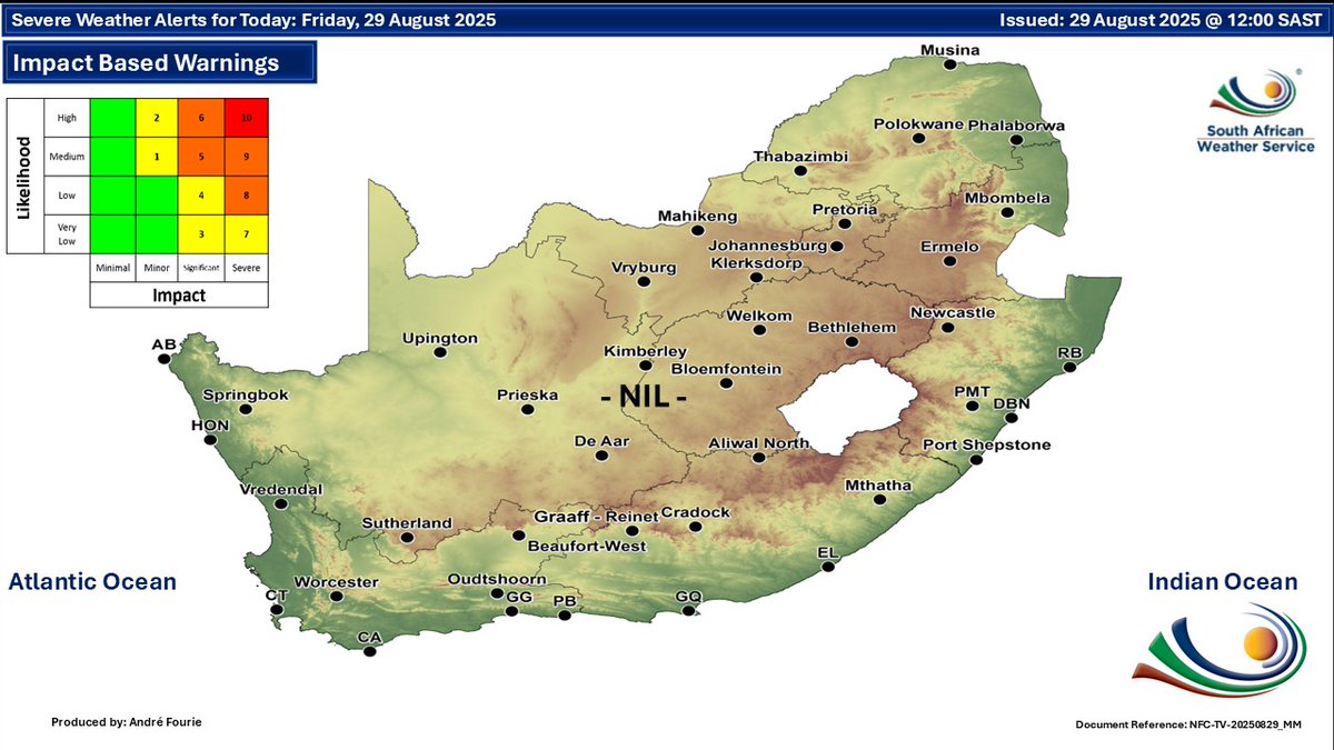 SCP_SECURITY's tweet image. 🌤️ Weather Forecast – 29 &amp;amp; 30 August 2025 🌤️

Fine and cool to warm conditions are expected, but it will be hot in the north-eastern parts. Later, skies will become partly cloudy with isolated showers and rain in places.

#SAWS #SAWEATHER #WEATHEROUTLOOK