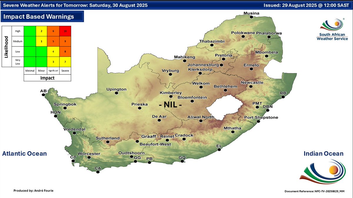 SCP_SECURITY's tweet image. 🌤️ Weather Forecast – 29 &amp;amp; 30 August 2025 🌤️

Fine and cool to warm conditions are expected, but it will be hot in the north-eastern parts. Later, skies will become partly cloudy with isolated showers and rain in places.

#SAWS #SAWEATHER #WEATHEROUTLOOK