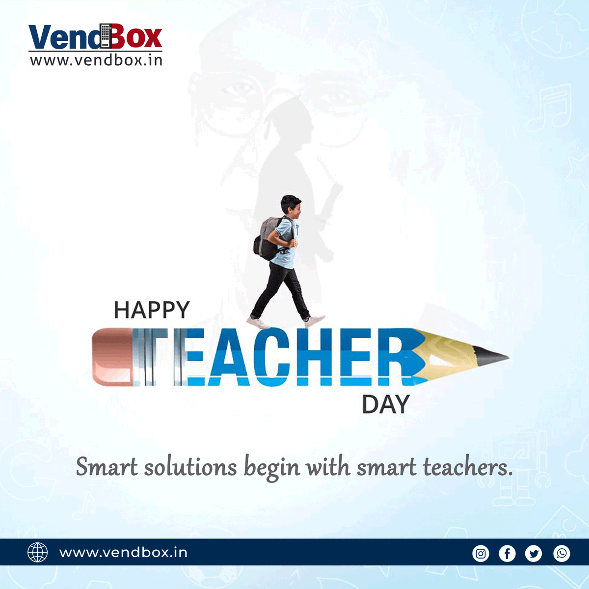 VendBoxIn's tweet image. From learning to leading. We owe our smart solutions to the wisdom of great teachers. Happy Teachers’ Day from Team VendBox.

#TeachersDay #LearningToLeading #WisdomOfTeachers #SmartSolutions #TeamVendBox #Vendbox