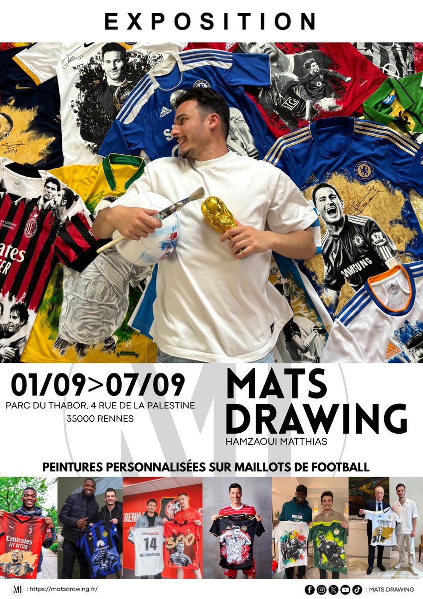 🖼️ EXPOSITION 🖼️

Je suis très heureux de vous annoncer ma toute première exposition à Rennes ! 😁

📅 Dates : du 1/09 au 7/09 inclus
📍 Lieu : Parc du Thabor 🌳

Vous pourrez y retrouver la plupart de mes peintures et les 10 maillots du Tour de France 👨‍🎨

Venez nombreux ! 🙌
