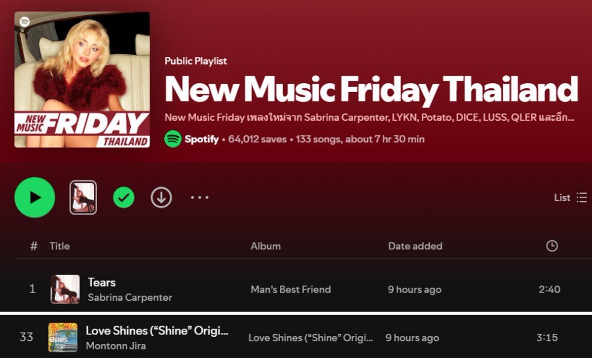 montonnjira's tweet photo. Thanks to all of you, we’re on number #33 on the new music playlists in Thailand! Let’s push it up! Lasgoooo

#ShineOST 
#LoveShines 
#ShineTheSeries https://t.co/MRL6sbqUvT