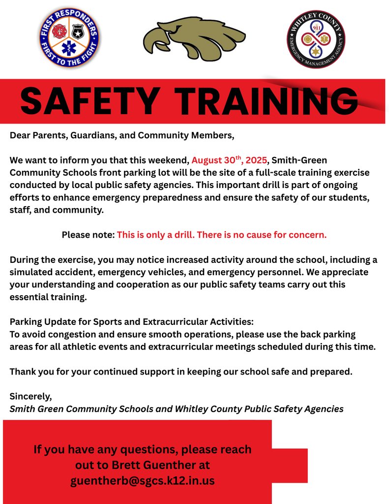 Safety Training at SGCS: Saturday, August 30th - Please Avoid the Area