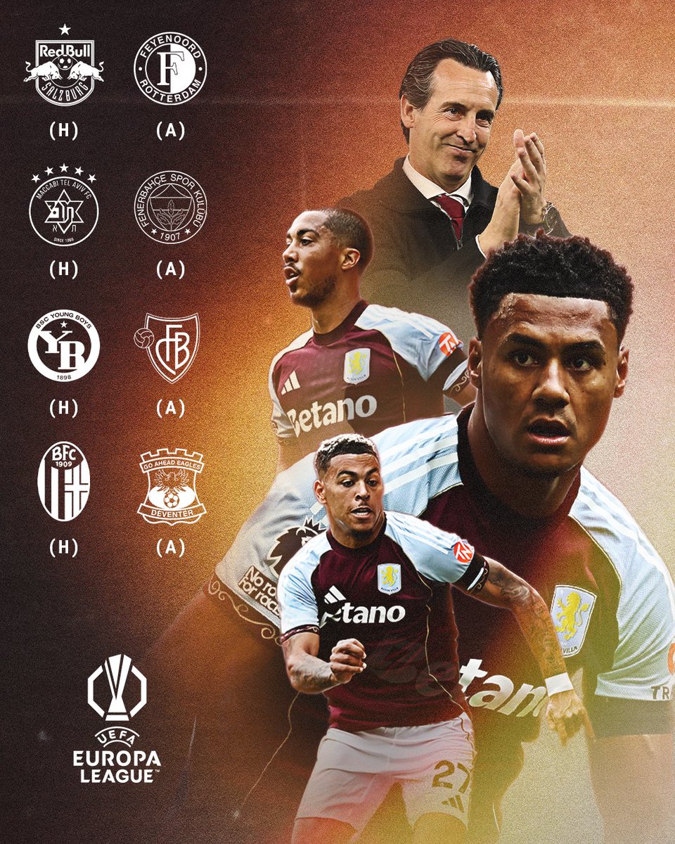 🚨 OFICIAL 🚨 Estos son nuestros rivales en el grupo de la Europa League.

🇦🇹 RB Salzburg 🏠
🇳🇱 Feyonoord ✈️
🇮🇱 Tel-Avivv 🏠
🇹🇷 Fenerbahçe ✈️
🇨🇭 Young Boys 🏠
🇨🇭 Basel ✈️
🇮🇹 Bologna 🏠
🇳🇱 Go Ahead Eagles ✈️

#AVFC #UEL