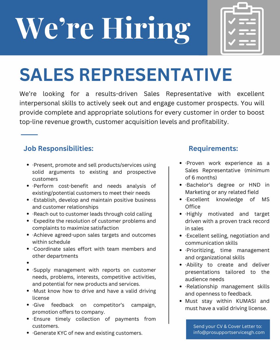 Vacancy 
SALES REPRESENTATIVE
Loc: KUMASI
send cv to: info@prosupportservicesgh.com Operations teams. #jobsearch #accra #chalewote2025 #blacko blacko #GaMantse Ga Mantse #kumasi #Sales  #SalesJobs