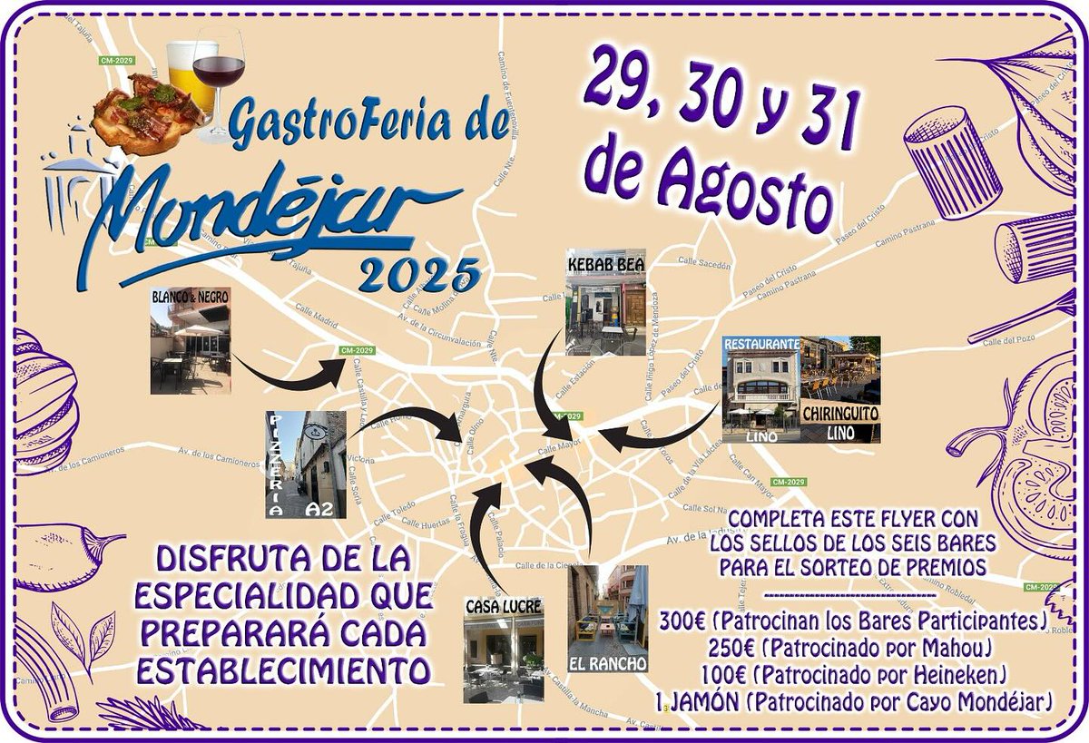 Hoy a las 21:00h comenzará la “GastroFeria por #Mondéjar”.
Podrás disfrutar de las especialidades 🍷🍻🍝🍗 gastronómicas que prepararán los establecimientos participantes y optar a los diferentes 🎁premios en metálico sellando en los 6 establecimientos.
Tic⏰Tac😜, te esperamos!