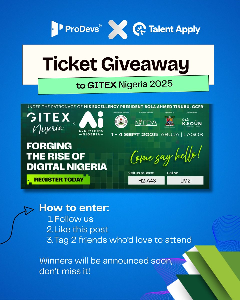 Prodevs_io's tweet image. GITEX Nigeria 2025 Ticket Giveaway!

Want to be part of the biggest tech &amp;amp; innovation event in West Africa? 🌍
We’re giving away FREE tickets to 5 lucky winners to attend GITEX Nigeria 2025 – September 3rd–4th in Lagos.

Here’s how to enter:
1️⃣Follow us @ProDevs
2️⃣ Like this post…