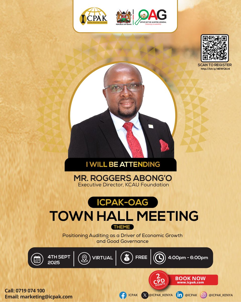 How can auditors build public trust and safeguard institutions in today’s dynamic environment? Let's unpack this and much more at the #ICPAKOAGTownhall Meeting. Register to participate virtually 👉 ow.ly/OTFL50WNXR9 to be part of this crucial dialogue.