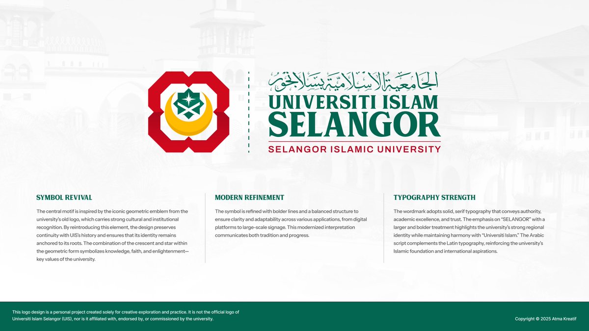 IncheFaris's tweet photo. Saya fikir, sayang jika UIS tidak kekalkan 'identiti' yang kuat pada logo lama mereka (KUIS). Simbol 'kelopak' yang mengelilingi bulan dan Al-Quran itu bagi saya sangat ikonik dengan identiti mereka.

Sekian - projek personal saya yang seterusnya.

#UniversitiIslamSelangor
#UIS https://t.co/7ubbIfsX3e