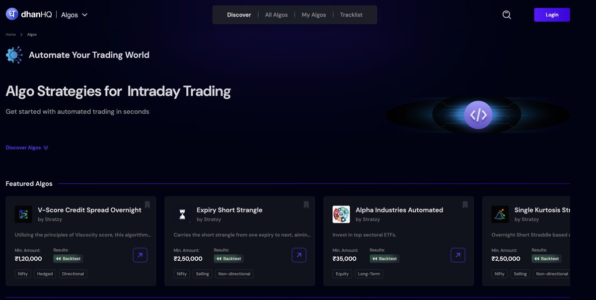 Quietly <a href="/DhanHQ/">Dhan - Made for Trade</a> went live with ready to deploy algos for retail traders with our friends from <a href="/Stratzy_HQ/">StratzyAI</a> 🔥

Great stuff <a href="/mohitb999/">Mohit Bhandari</a>! So proud! 🙌 
Definitely going to deploy some capital here