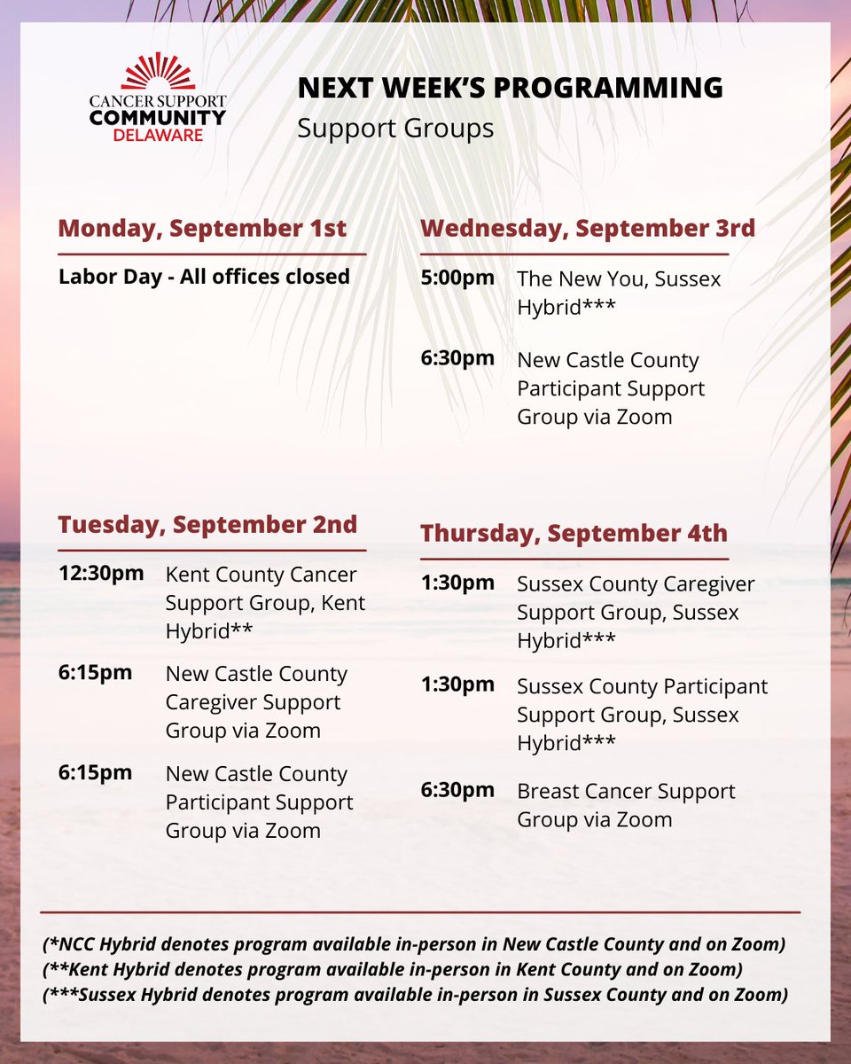 CancerSupportDE's tweet image. Here is what&apos;s coming up next week at #CSCDE!

Join us on Tuesday at 1:00pm for Sound Meditation with Liana, in-person in our NCC office. This class provides a serene setting for relaxation and a holistic approach to healing. Register at: form.jotform.com/212423358637154
#CSCDE…