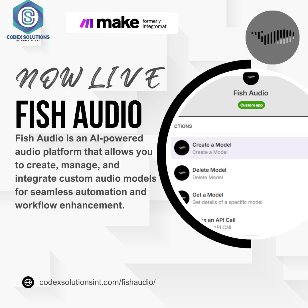 solutions_codex's tweet image. "Meet Fish Audio, the AI audio model app on Make.com! Seamlessly create, manage & retrieve audio models. Try it now: lnkd.in/eyYp8zev #AI #WorkflowAutomation"