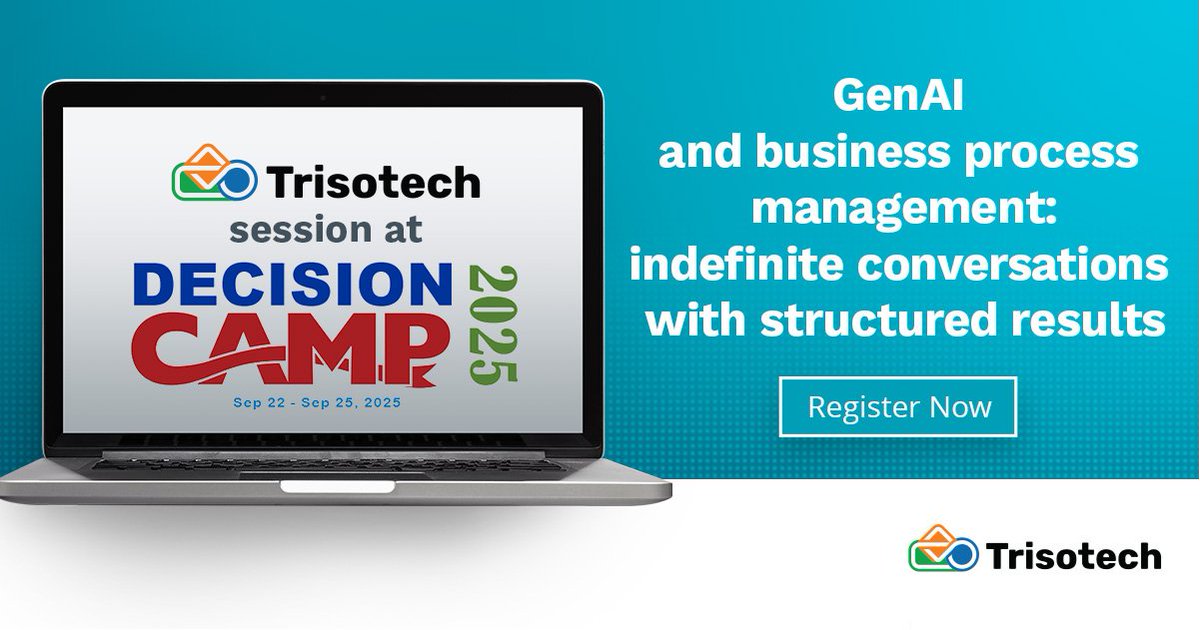 Trisotech's tweet image. Tired of rules you can’t explain? 🤯
At Decision Camp, learn how DMN + AI make decision models transparent, scalable, and future-proof.
👉 Don’t miss it: ow.ly/tF3x50WKS27
#AI #DMN #ProcessModeling