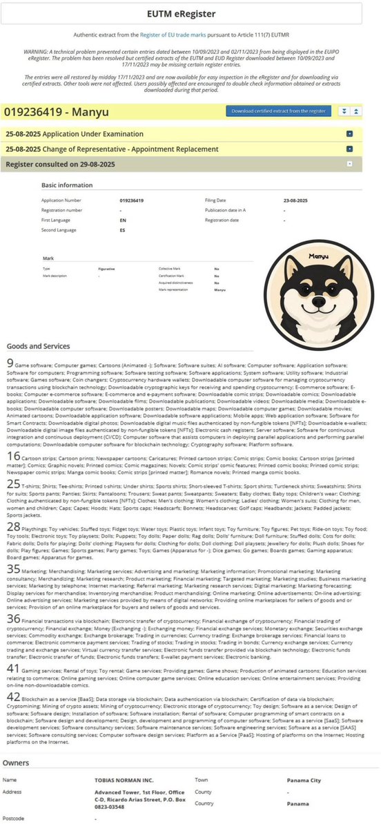This isn’t just a meme anymore… 

This is a brand. 🏆🔥

WOOF 🐾

‼️This is a real EUIPO trademark application extract for “Manyu,” filed on 23 August 2025. It’s still under examination, meaning the EUIPO hasn’t granted it yet but has accepted it into the review process. The