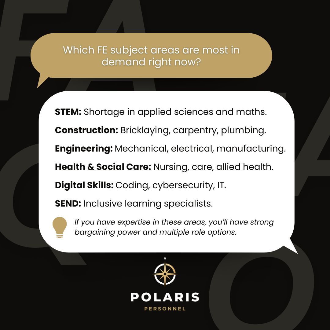 PolarisRecruit's tweet image. Certain subjects are in high demand! If you’ve got industry experience, now’s a great time to transition into teaching and inspire the next generation.

Need advice or a new role in FE? Call us: 0333 188 5555. 

#FAQFriday #PolarisPersonnel #NavigatingYourNextMove