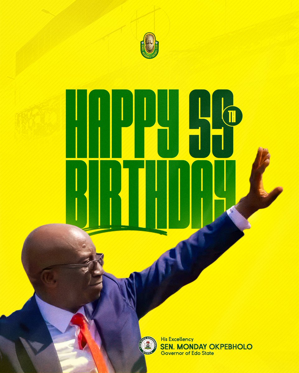 Happy Birthday to our number one supporter, His Excellency Governor Monday Okpebholo!

Your vision and commitment to sports continue to inspire us. From all of us at Bendel Insurance FC — thank you and cheers to more wins ahead! 💛💚🎉  

#BendelInsuranceFC