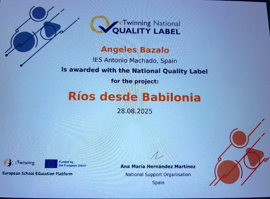 Sello de calidad del proyecto <a href="/eTwinning_es/">eTwinning España</a> “Ríos desde Babilonia” gracias a mis socias y alumnado por el maravilloso trabajo realizado