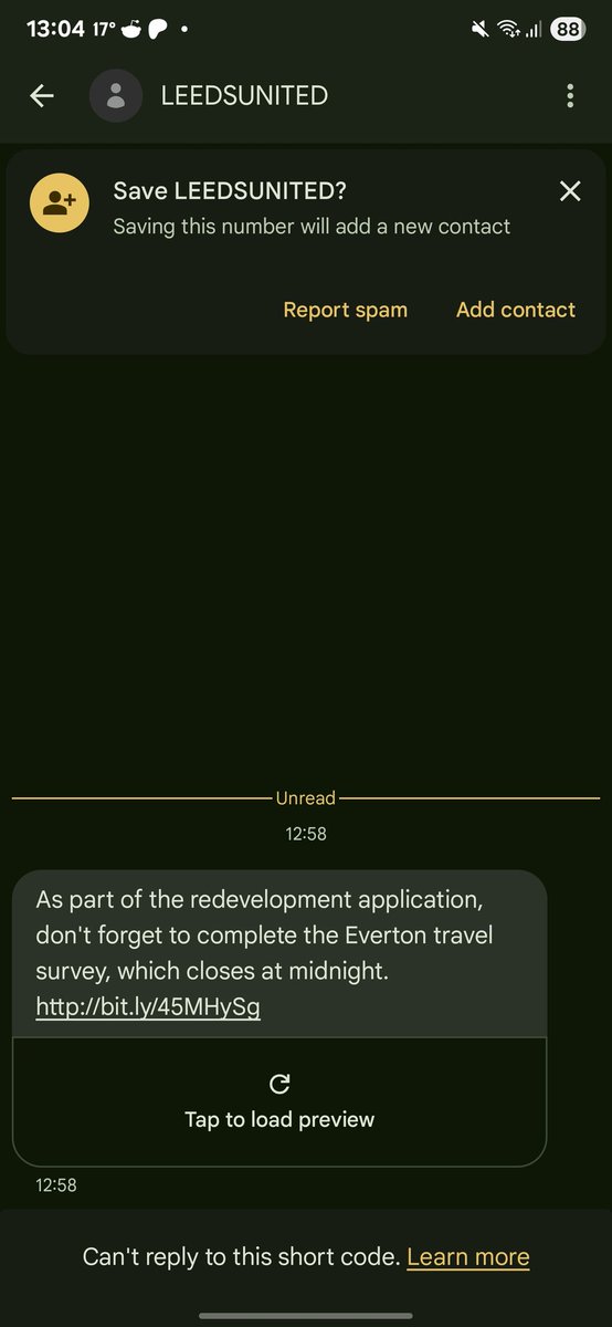 From someone claiming to be Leeds United #lufc 

Its a scam, do not click the link, the club would never send you a text <a href="/leedsunited/">Follow @LUFC</a>