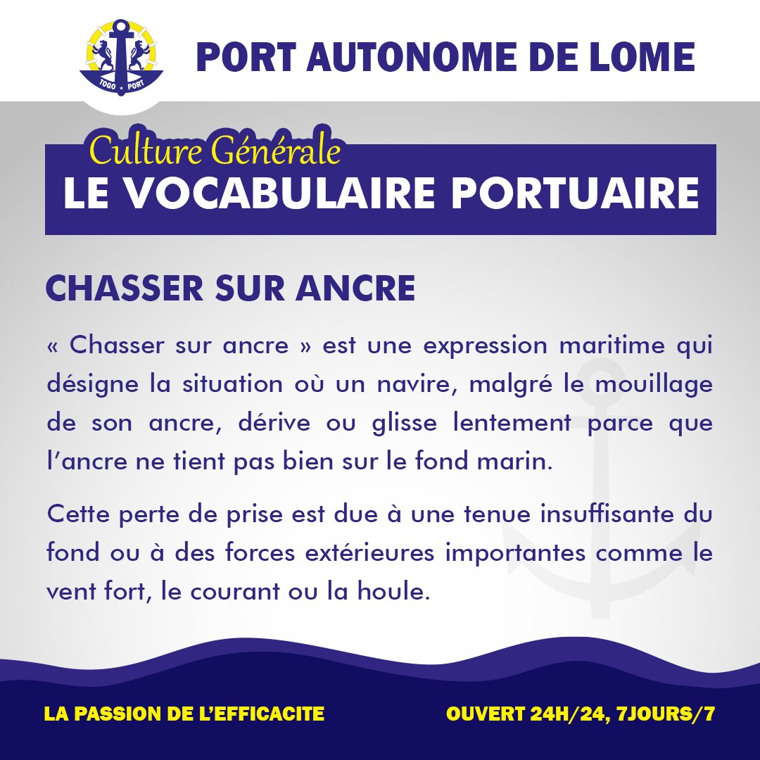 portdelome's tweet photo. 💡 CULTURE GÉNÉRALE
Que signifie « CHASSER SUR ANCRE » dans le vocabulaire portuaire ?
« Chasser sur ancre » est une expression qui désigne la situation où un #navire, malgré le #mouillage de son ancre, dérive parce que l’ancre ne tient pas bien sur le fond marin.
#ancre https://t.co/QjZHfx1V1C