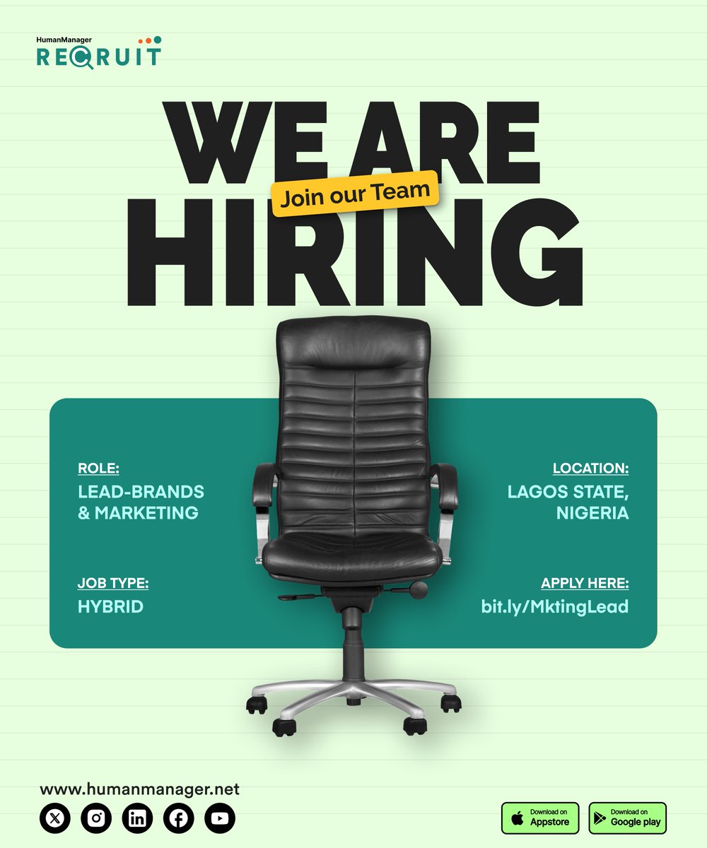 HumanManagerNig's tweet image. We’re hiring a Lead, Brands &amp;amp; Marketing at HumanManager!

Shape powerful brands, drive growth, and lead the future of HRTech across Africa. 🌍

Apply now 👉 bit.ly/MktingLead

#humanmanager #Hiring #MarketingLeadership #HRtech