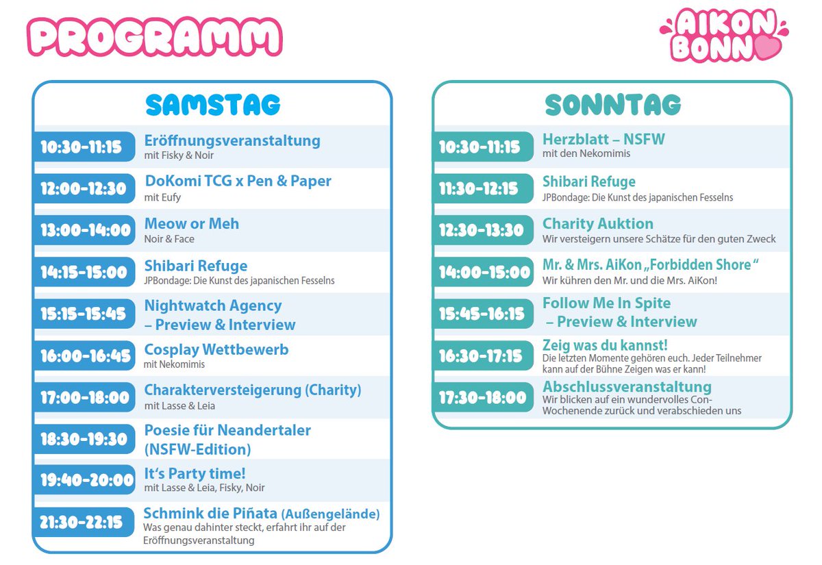 Da die Nachfrage aufkam, hier unser Programm für die AiKon Bühne über die nächsten zwei Tage!
