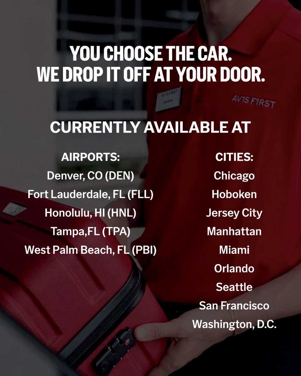 Avis's tweet image. Cut down on work for yourself. Use Avis First.

Whether you need a rental delivered to where you’re staying or waiting for you at arrivals. No counters.
No confusion. No chaos. just a premium ride waiting for you where you need it.

#LaborDay #TravelTip #TravelHack #AvisFirst
