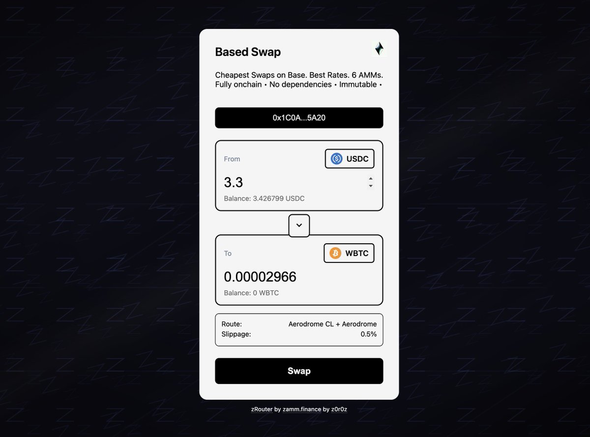 USDC から WBTC へのスワップを示す Based Swap のユーザーインターフェイス
