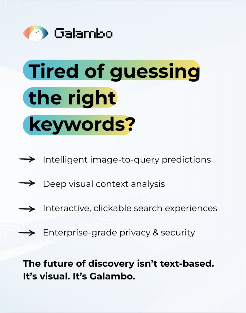 GalamboAI's tweet image. What if search wasn’t about words, but about what you see? Explore- galambo.com
#Galambo #AIVisualSearch #FutureOfAI #AIInnovation #SecureAI #AIDriven #AIForBusiness #automation #visualsearch #searchengine #features #invitation #tools #visualtools #creative
