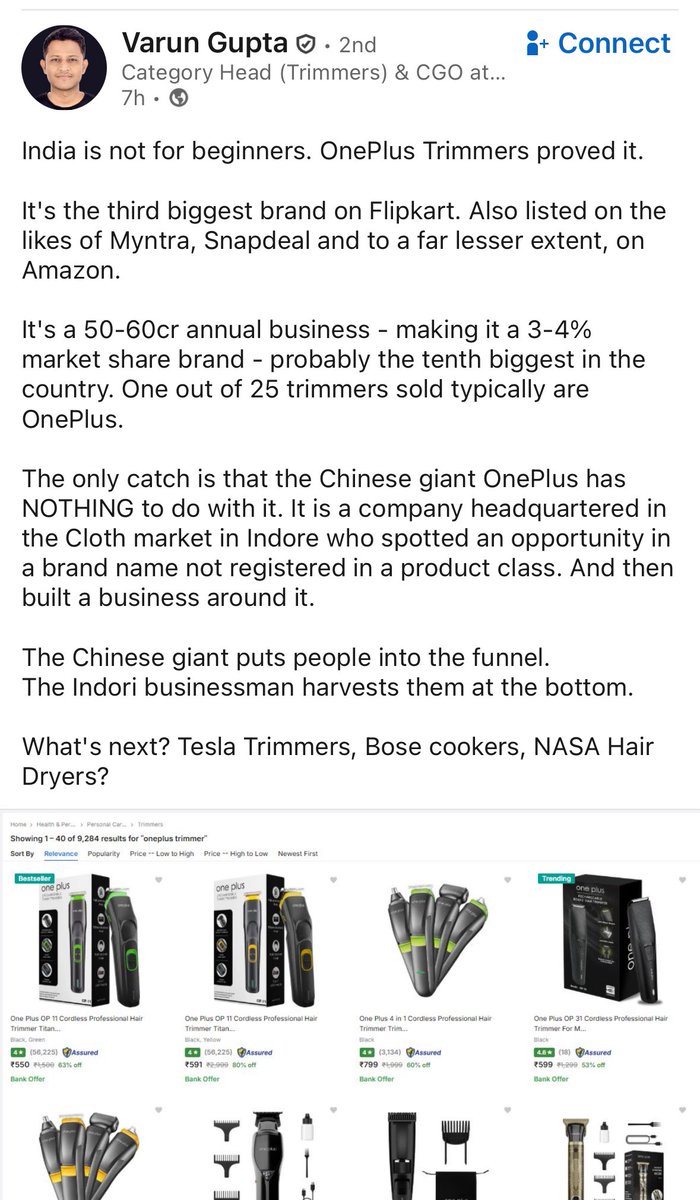 vivekraju93's tweet image. Funniest (and smartest) story I’ve read in a while 😂😂

A company Indore found OnePlus trademark available in trimmers and built the 10th largest trimmer company in India 😭

Completely rode OnePlus’s search volume

linkedin.com/posts/vkg7_ind…