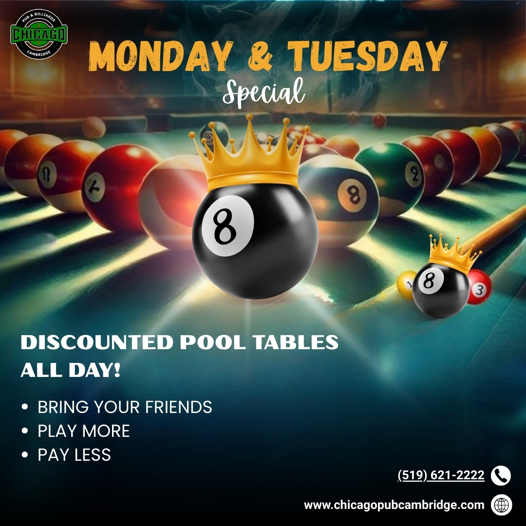 chicagopub_'s tweet image. 🎱 Mondays &amp;amp; Tuesdays just got more exciting at Chicago Pub &amp;amp; Billiards!
Grab your crew, hit the pool tables, and enjoy discounted games all day long.
✅ Bring your friends
✅ Play more
✅ Pay less
Don’t miss out – the fun starts here! 🍻✨
#ChicagoPubCambridge #PoolNights