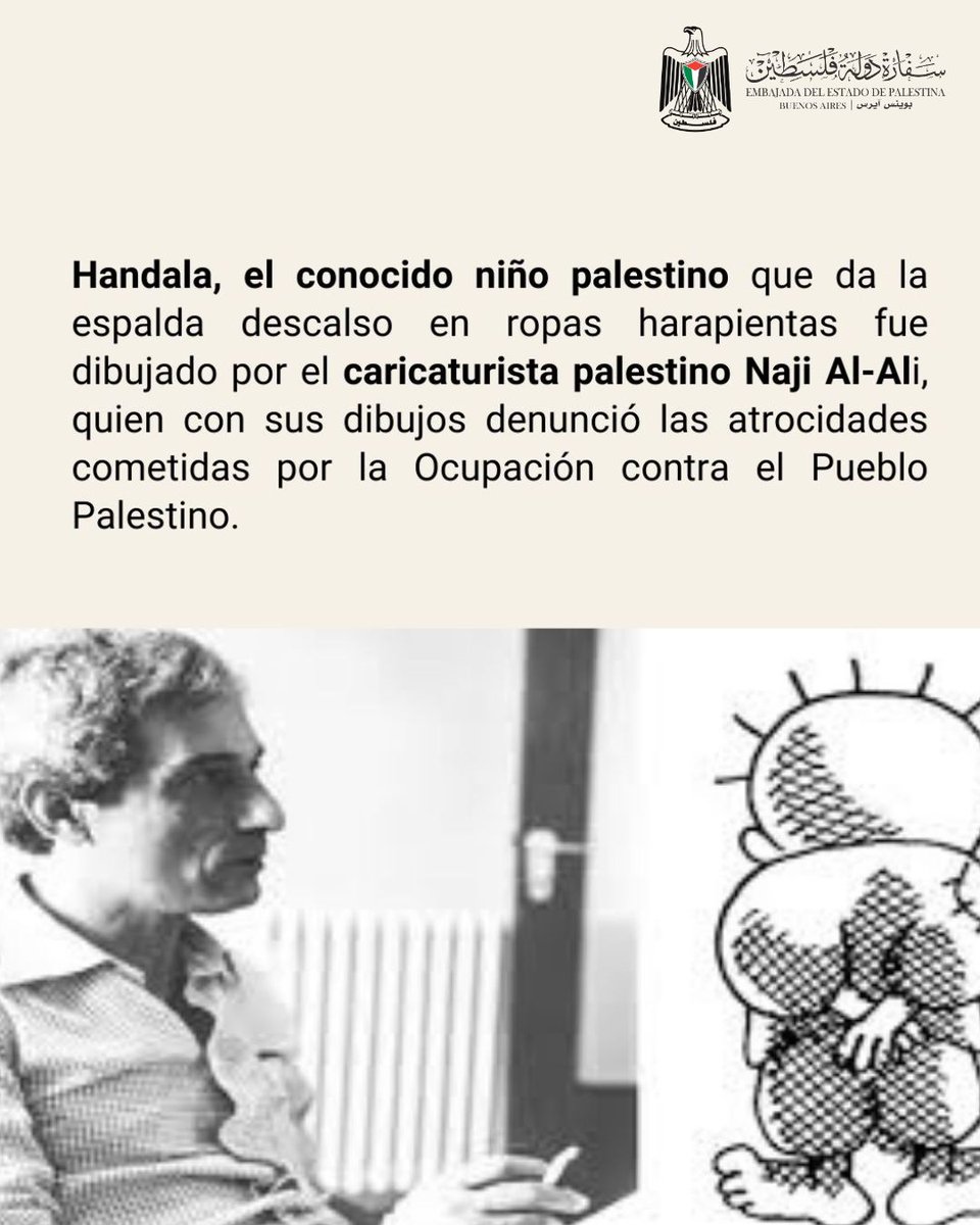 A 38 años de la siembra a la eternidad del gran caricaturista palestino Najid Al-Ali. Un día como, luego de un atentado, murió el creador del Handala palestino. 
#Palestina #Historia #Caricaturista