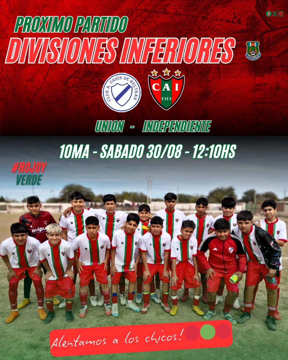 𝙅𝒖𝙚𝒈𝙖 𝙚𝒍 𝒔𝙚𝒎𝙞𝒍𝙡𝒆𝙧𝒐!⚽️🏃🔴🟢🔴

🔜 ¡PRÓXIMO PARTIDO!
DIVISIONES INFERIORES 》》》
👉🏾 Fecha 4 l Liga Santiagueña de Fútbol 
🏆Torneo Clausura
🗓 SAB 30/8
🕑 Desde las 8.00hs
🆚️ Union B.
🏟 CAU
#Rojoyverde ❤️💚❤️ #futbol #divisionesinferiores