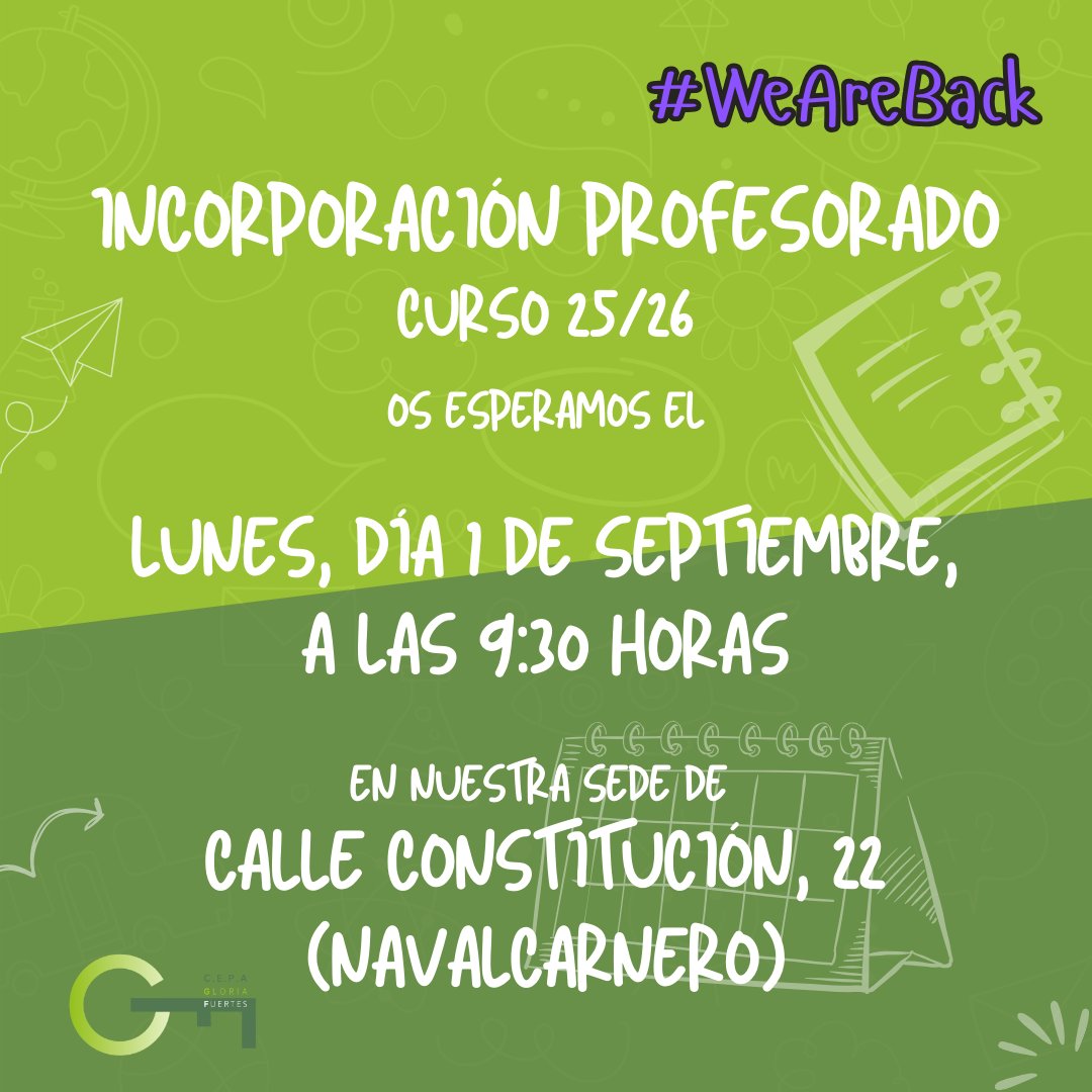 Información importante para docentes que impartirán docencia en nuestro centro en el curso 25/26:
Os esperamos el
lunes, día 1 de septiembre, a las 9:30 horas
en nuestra sede de Calle Constitución, 22 (Navalcarnero)
#WeAreBack
