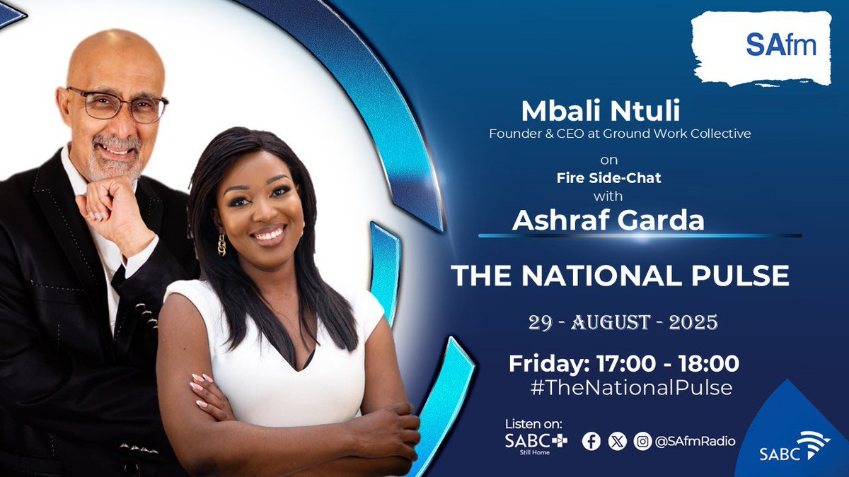 gwc_za's tweet photo. Catch our CEO #MbaliNtuli @mbalimcdust, in a Fire Side-Chat with @AshrafGarda on The National Pulse only on @SAfmRadio .
Today at 17:00 – 18:00.
Join the conversation: #TheNationalPulse .
#groundworkcollective https://t.co/Pm4VYQldn7