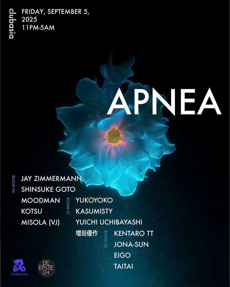 APNEA [2025-09-05 (Fri)] | クラベリア 
9月5日（金）、ディープ・ハウス／ディープ・テクノを軸に、装飾を排した本質的なサウンドが鳴り響く一夜。余計な飾りや煽りは存在しない。あるのは、フロアを揺らす音と、意識を覚醒させるグルーヴだけ。

clubberia.com/ja/events/3066… via <a href="/clubberia/">clubberia</a>