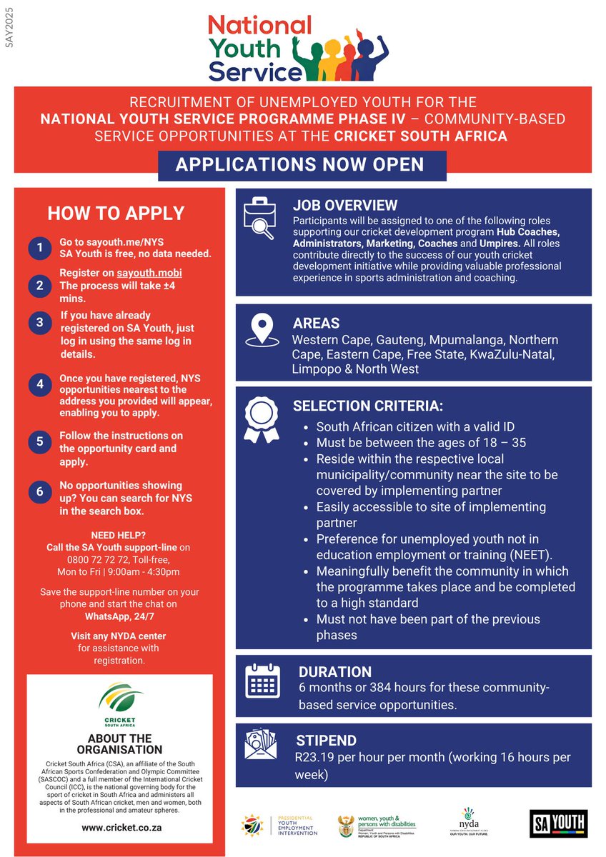 NYDARSA's tweet image. Applications for #NYSPhase4 are STILL OPEN! 

Are you a young South African looking to gain work experience, earn an income, and make a real difference in your community?

Apply now to be part of Phase IV of the National Youth Service (NYS) Programme!

This exciting 6-month…