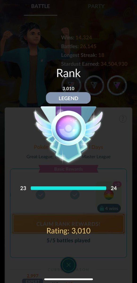 DHMorato98's tweet photo. Rango Leyenda conseguido 🥳
Esta temporada costo un poco más que en las anteriores pero se logró el objetivo, ggs a todos mis rivales y gracias al coach @TzSpenx por el apoyo.

#PokemonGO #GBL https://t.co/TlmxBXIY1n