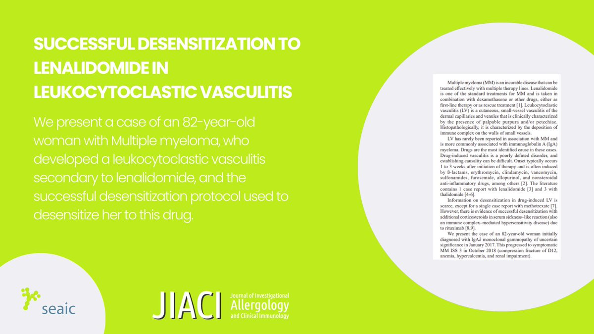 📢Atención alergólog@📢

📑 Os compartimos el artículo: 'Desensibilización exitosa a la lenalidomida en la vasculitis leucocitoclástica', publicado en el #JIACI.

¡Descárgalo! 👉🏻 pmsl.es/21p