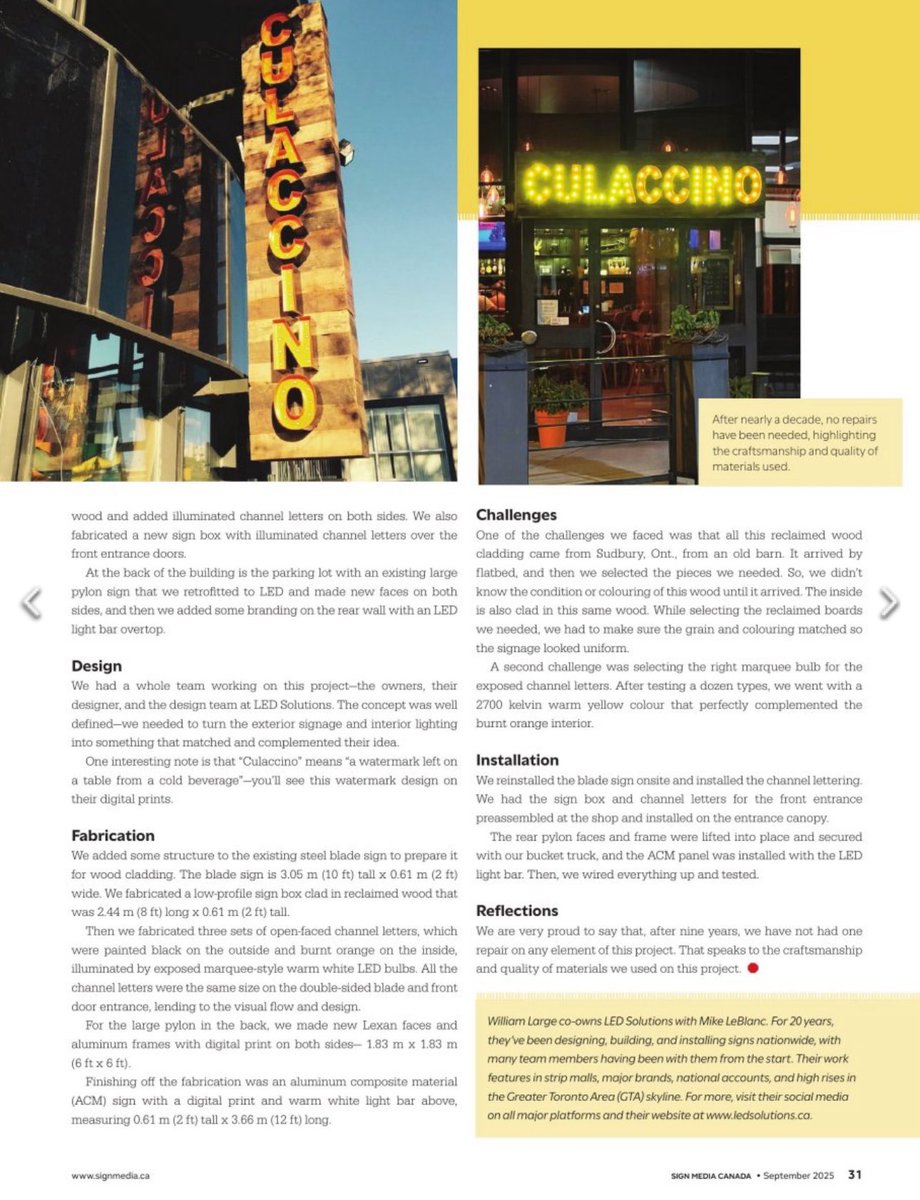 LED_SolutionsCA's tweet image. Honoured to see our Culaccino Bar + Kitchen project featured in Sign Media Canada’s September issue! Nearly a decade later, the sign still shines bright. Huge thanks to our client and the magazine for the recognition! #LEDsolutions 

@signmediacanada