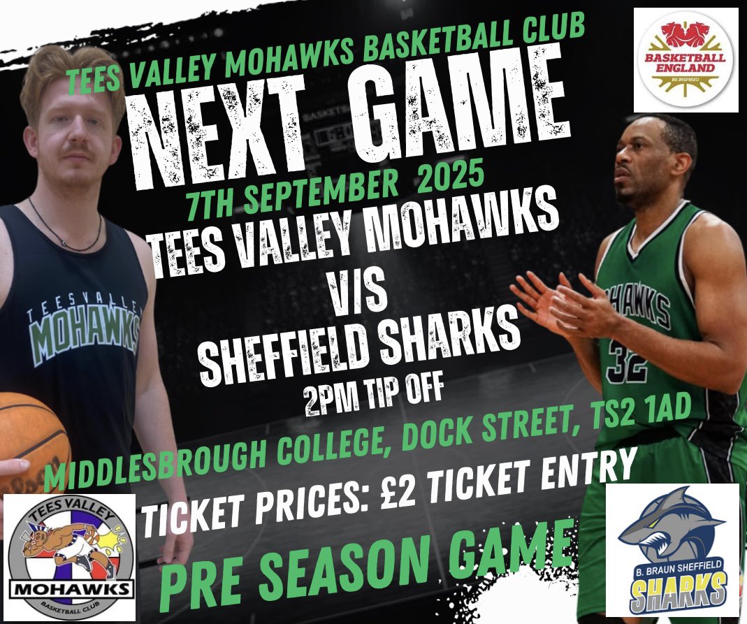 Mohawks 3rd pre season friendly on Sunday 7th vs Sheffield Sharks. 
Tickets are £2 
#proudtobeamohawk