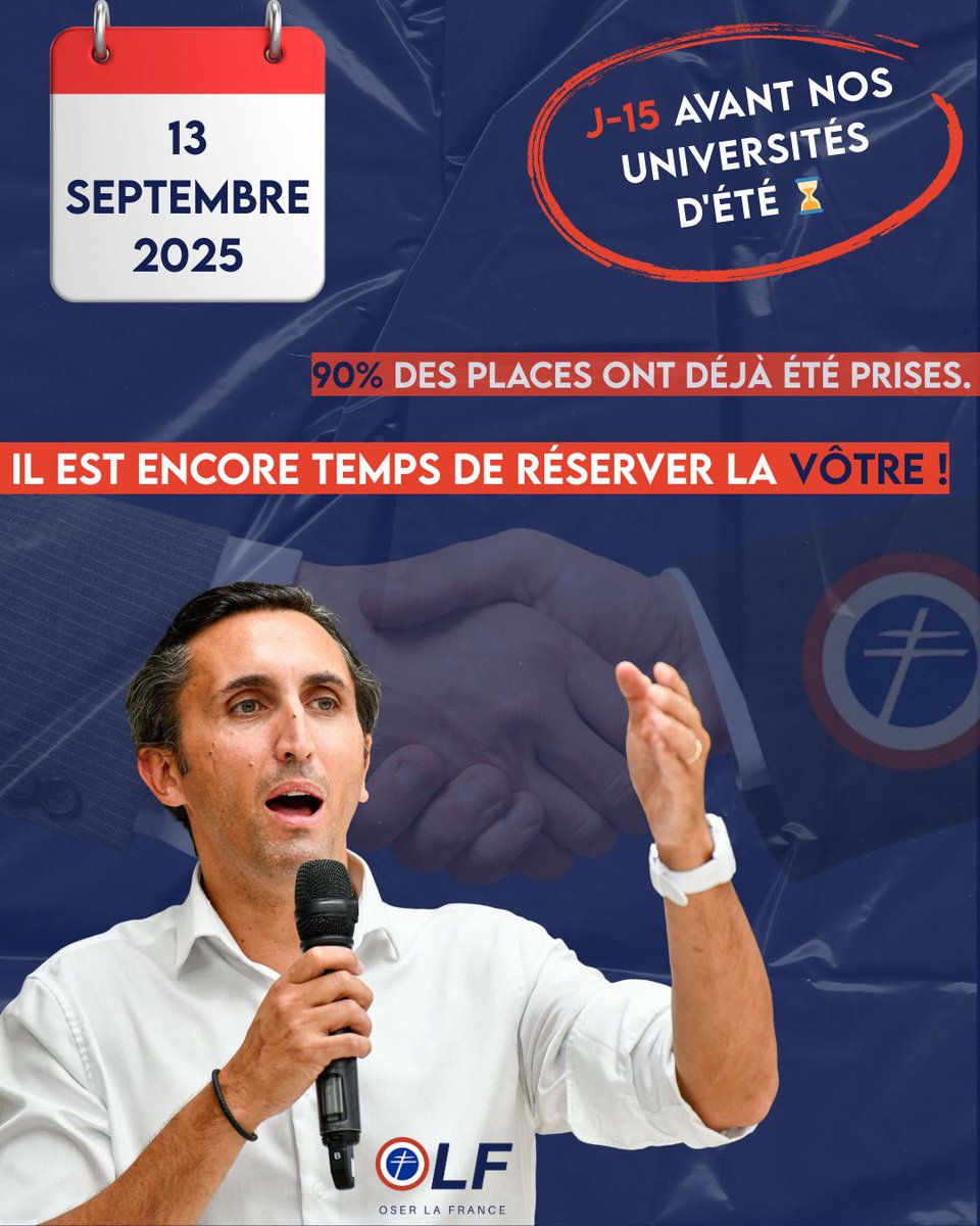 Universités d'été OSER LA FRANCE

🇫🇷🇫🇷J-15 AVANT NOTRE ÉVÉNEMENT ! 🇫🇷🇫🇷

Nous aurons le grand honneur d'accueillir <a href="/BrunoRetailleau/">Bruno Retailleau</a>, Ministre de l'Intérieur et Président des Républicains, lors de nos Universités d'été OSER LA FRANCE, le 13 septembre 2025 à Avignon 🇫🇷

🔐 Gagner
