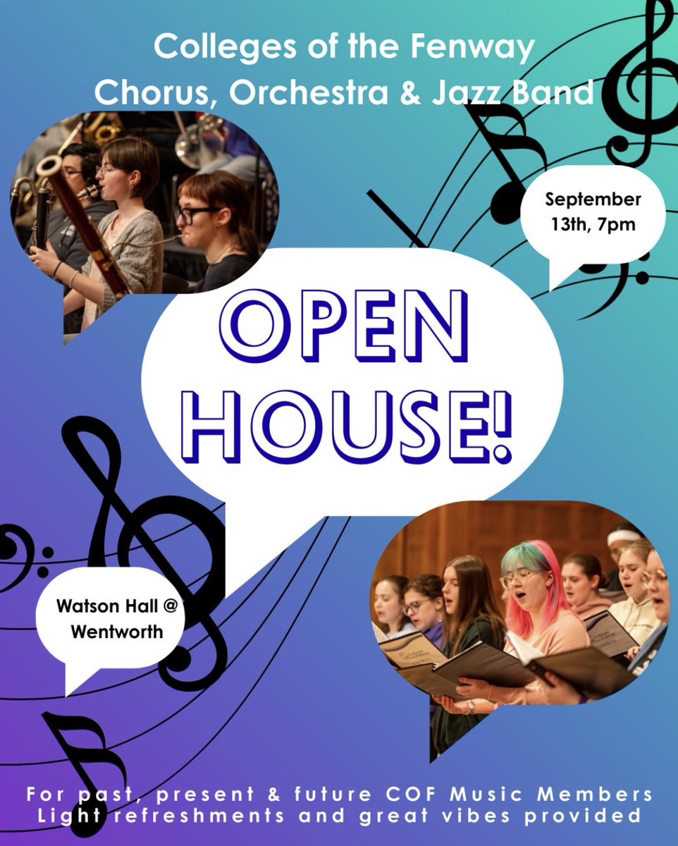 ANNOUNCING the Colleges of the Fenway Open House! The chorus, orchestra, and jazz band are great opportunities for COF alumnae/i to remain connected to our community. We are non-audition groups and welcome ALL skill levels. We are joyful groups welcoming COF alumnae/i back!