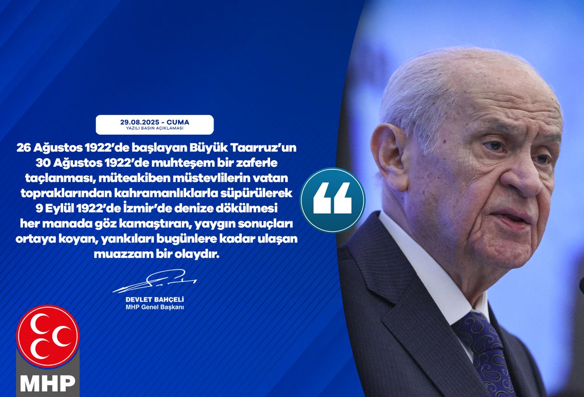 26 Ağustos 1922’de başlayan Büyük Taarruz’un 30 Ağustos 1922’de muhteşem bir zaferle taçlanması, müteakiben müstevlilerin vatan topraklarından kahramanlıklarla süpürülerek 9 Eylül 1922’de İzmir’de denize dökülmesi her manada göz kamaştıran, yaygın sonuçları ortaya koyan,