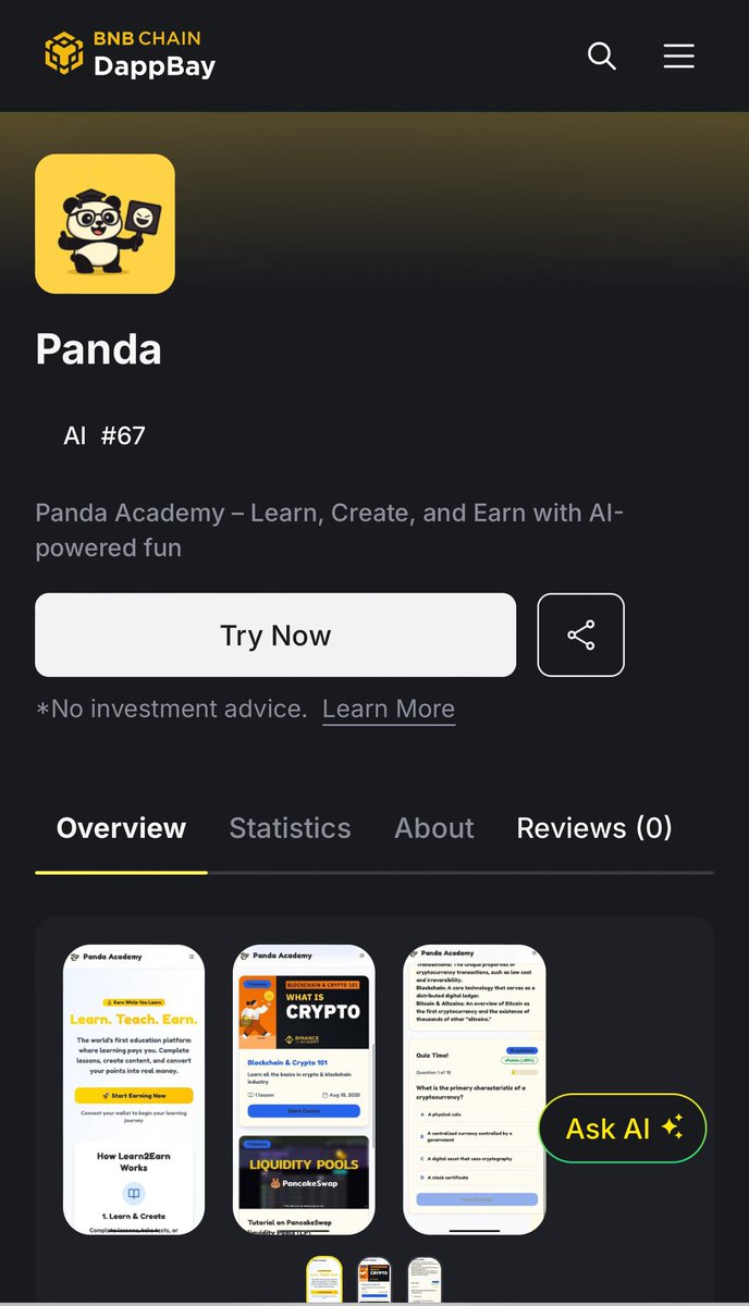 Panda_CTO's tweet photo. GM Web3 ⚡ 

 @PandaAcademyLab ( $Panda ) Just got listed in #BNBDappBay 
@BNBCHAIN 
Not A meme but A meaning 
Learn and earn 💸💸

Check it out now 🔥
https://t.co/TuoMYgf9SG https://t.co/35VVtIOz9v