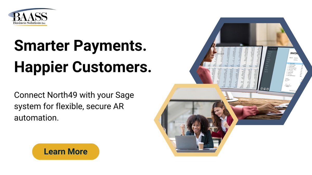 baassbiz's tweet image. Do your customers want flexible ways to pay? 

North49 offers #ARAutomation tools that connect with your #Sageystem, making payments simple and secure for both you and your clients. 

Contact us to see it in action hubs.la/Q03FCHtf0

#BAASSBusinessSolutions