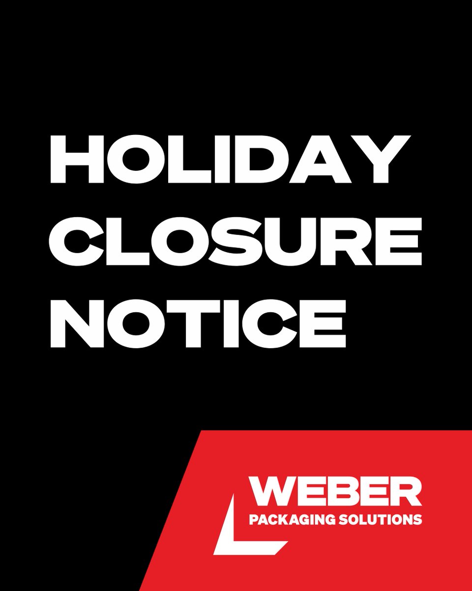 WeberPackaging's tweet image. 📣 #CompanyClosure: MON SEPT 1st

Weber Packaging Solutions will be closed Monday for Labor Day. We will resume normal business hours on Tuesday, Sept 2nd, from 8:00am to 5:00pm.

We wish you and your families a safe &amp;amp; happy #longweekend!

#WeberPackagingSolutions #CompanyNotice