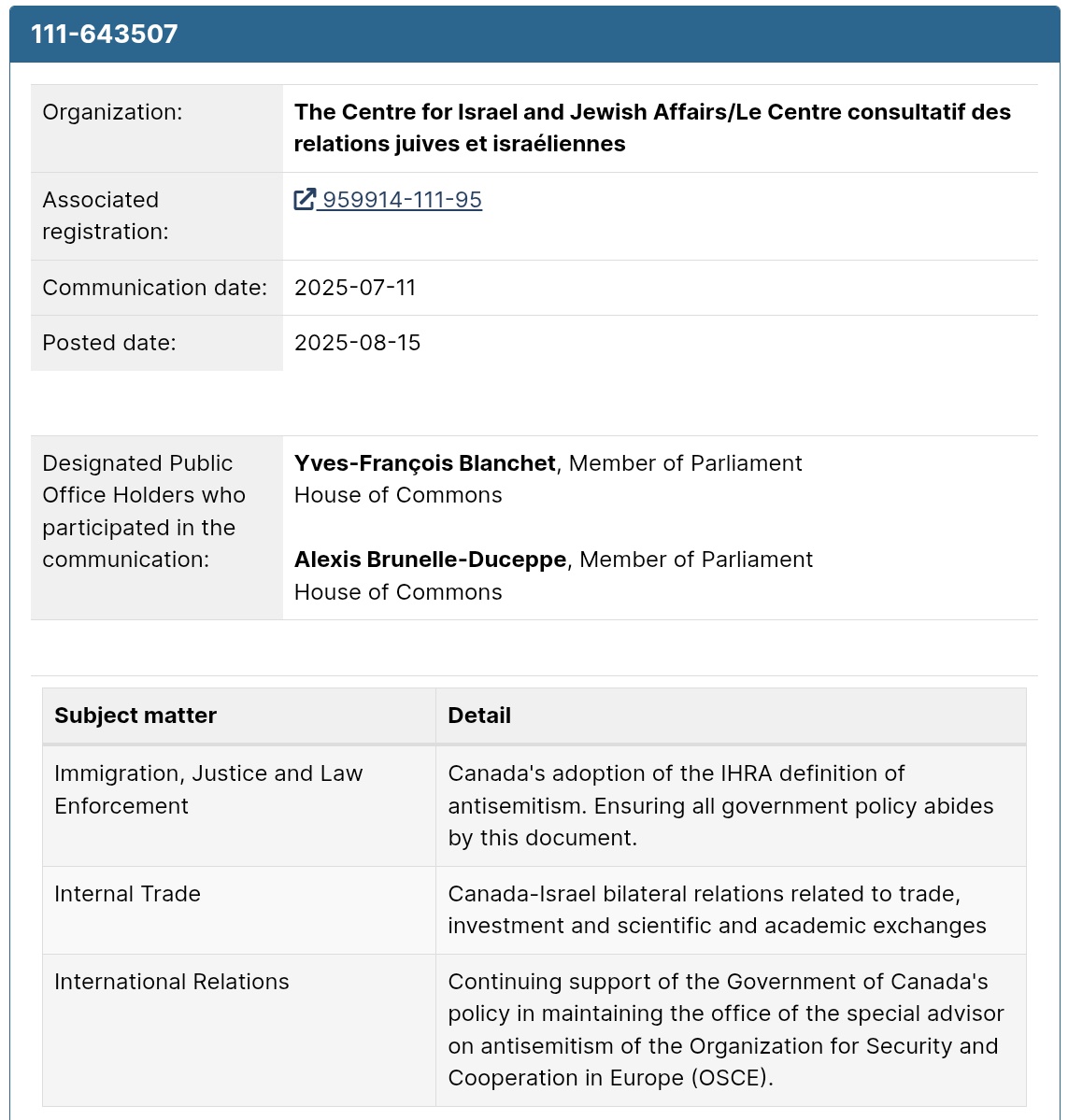 nomoralcover's tweet image. As Israel bombs nurseries &amp;amp; daycare centres, who meets with their lobbyists here in Canada?

BQ leader @yfblanchet
Met CIJA: July 11, 2025

What did they talk about?
👉🏼 Immigration, International Relations, Justice &amp;amp; Law Enforcement

Maîtres chez nous, Yves? @MarkJCarney