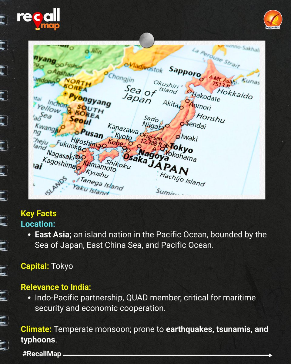 VajiramRavi's tweet photo. #RecallMap: Japan is back in focus as PM Modi’s visit highlights India’s strategic intent in the Indo-Pacific.
#Japan #UPSC #CurrentAffairs #IndiaJapanRelations #UPSCPreparation #UPSC2025 #GeographyNotes #IASPreparation #CivilServices #CurrentAffairs https://t.co/Rw8GtXNqMd