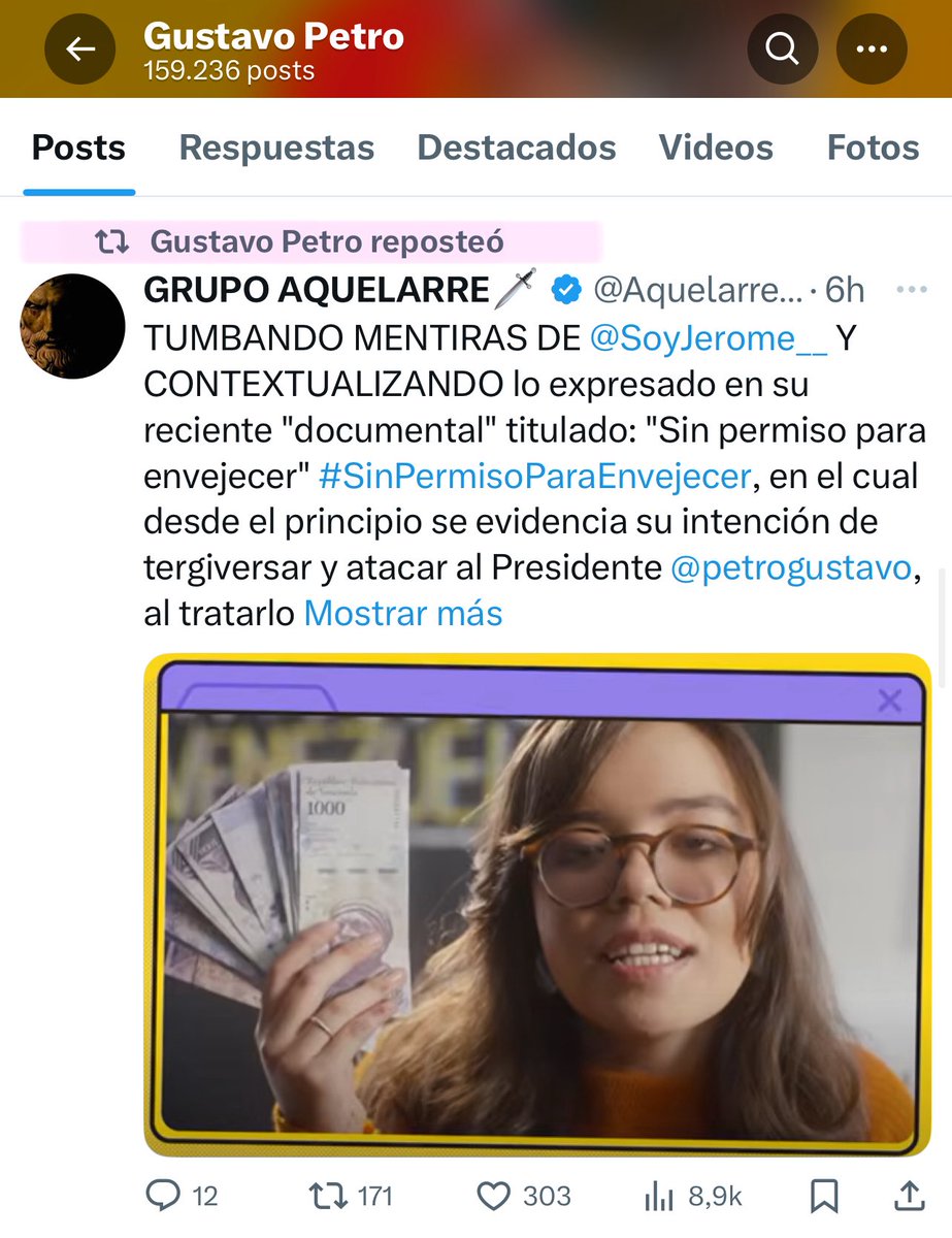 Jerome (@soyjerome__) on Twitter photo Petro me vuelve a llamar MENTIROSA con este RT, y ataca a nuestro documental sobre pensiones «Sin permiso para envejecer»
Gracias a la difusión, <a href="/petrogustavo/">Gustavo Petro</a>, ya vamos por 20.000 vistas!!!!
Este es el documental que Petro NO QUIERE QUE VEAS:
youtu.be/gw6hs5wymSQ?si… Petro me vuelve a llamar MENTIROSA con este RT, y ataca a nuestro documental sobre pensiones «Sin permiso para envejecer»
Gracias a la difusión, <a href="/petrogustavo/">Gustavo Petro</a>, ya vamos por 20.000 vistas!!!!
Este es el documental que Petro NO QUIERE QUE VEAS:
youtu.be/gw6hs5wymSQ?si…