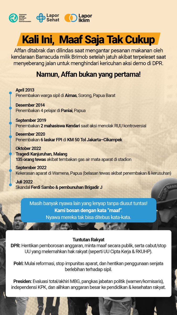 LaporIklim's tweet photo. Kali ini, maaf tak lagi cukup.
Nyawa rakyat terus melayang tanpa keadilan.
Kami muak dengan "maaf" tanpa perubahan.
Kami akan terus bersuara sampai keadilan benar-benar hadir di negeri ini.

#LaporSehat #LaporIklim #Wardaya #ACAB #RIPKeadilan #1312forever #affankurniawan https://t.co/ju4n15nhjF